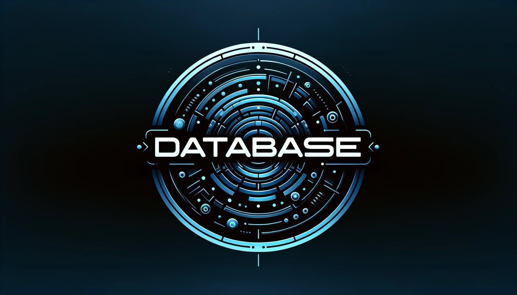 Futuristic circular graphic with the word 'Database' in the center on a dark background.