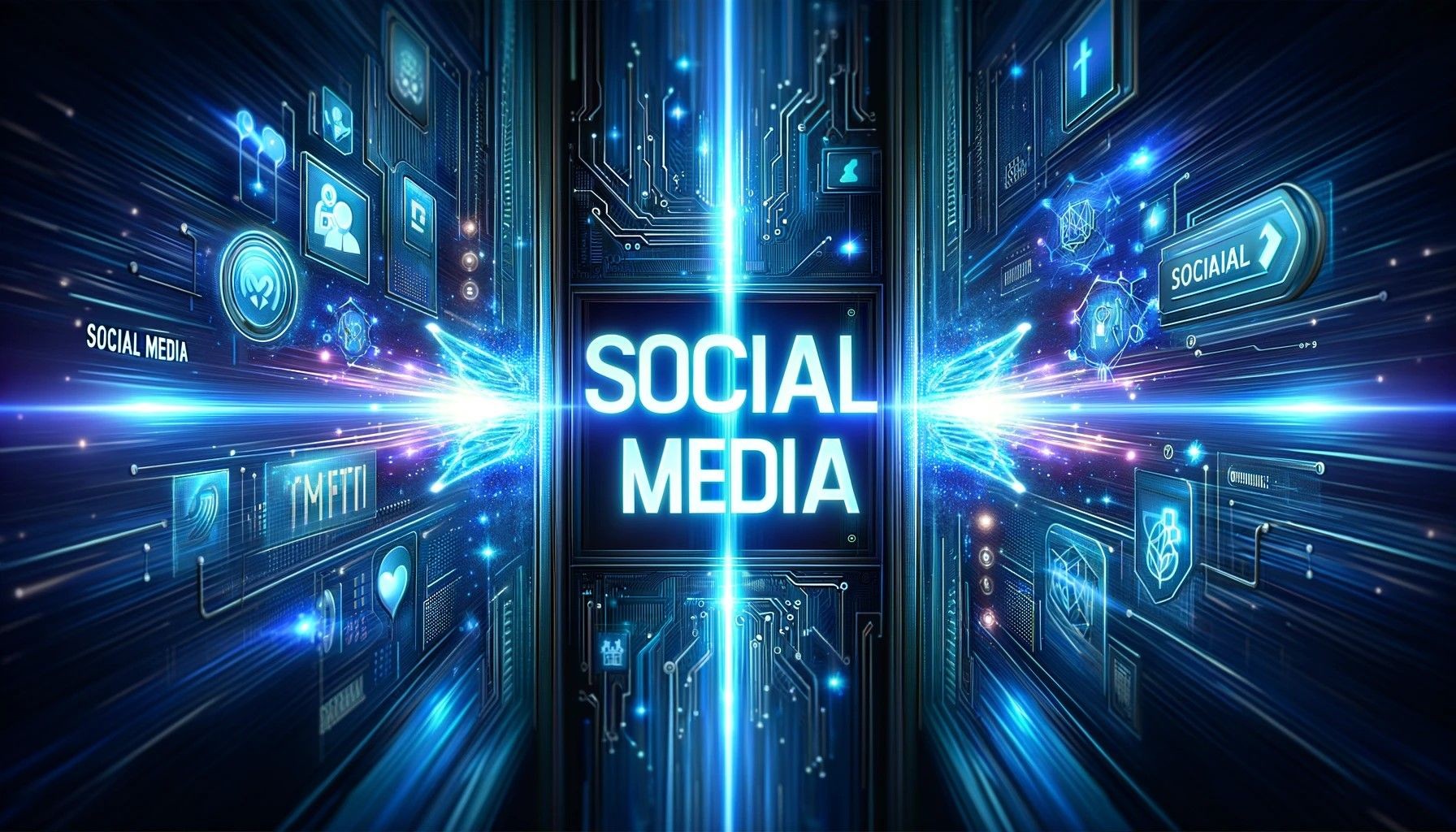 Digital concept of social media with glowing icons and circuitry background, featuring the text 'Social Media.'